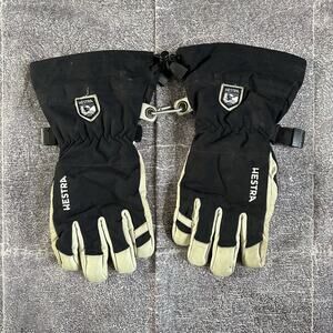 Men's Hestra Army Goat Leather Black White Heli Lined Winter Ski Gloves Sz 10
